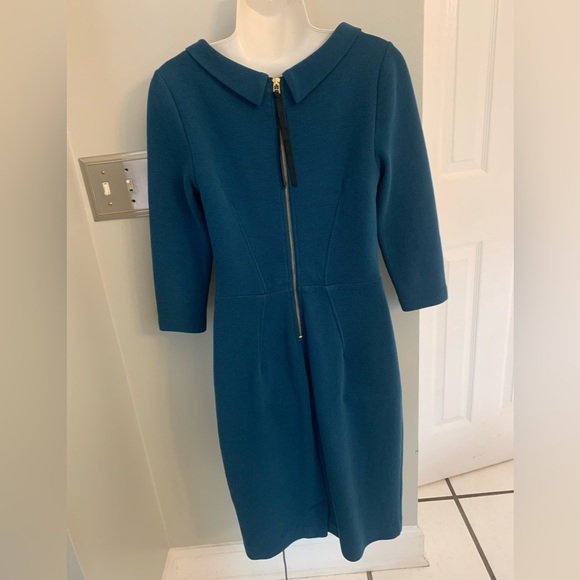 Boden zipper back Textured Stretch Fall Winter Midi Dress Teal Long Sleeves S 6 - Picture 4 of 9